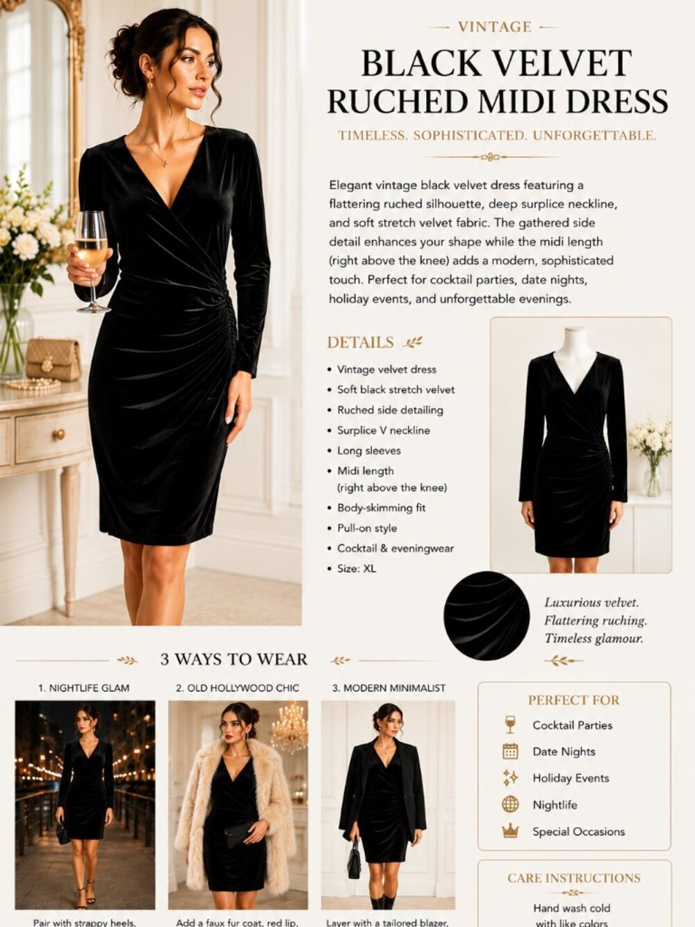 Womens Vintage Velvet Midi Dress Black Ruched Cocktail Evening Party XL Holiday